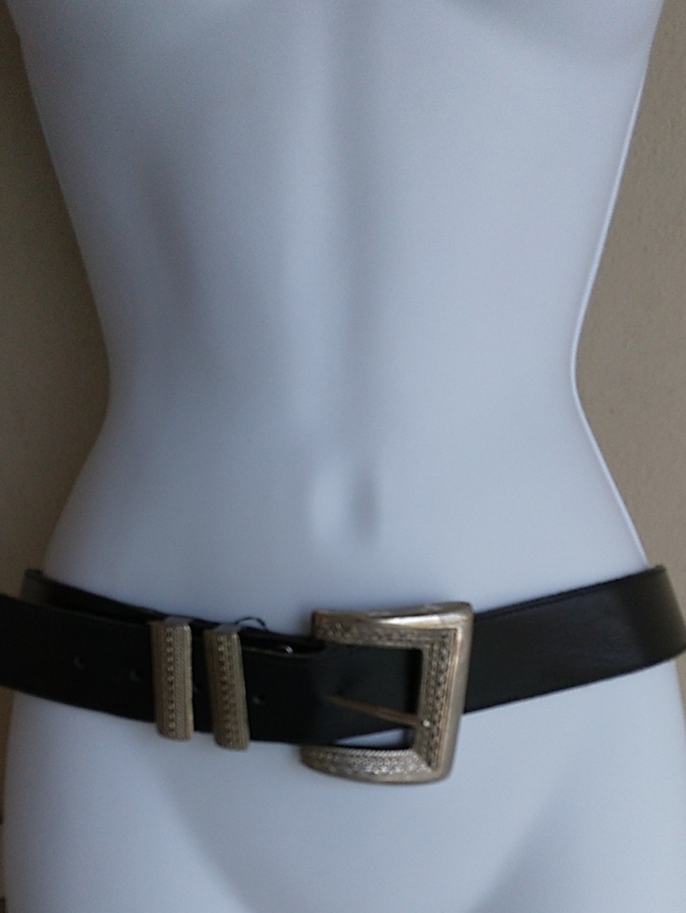 Black Leather Belt with Ornate Silver Buckle
